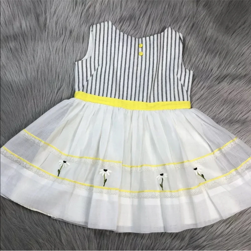 Ruth Of Carolina Vintage Girls White Yellow Black Striped Floral Dress